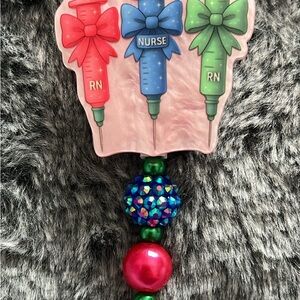 Nurse RN Pink Blue Green Syringe Badge Reel with Beaded Charm
